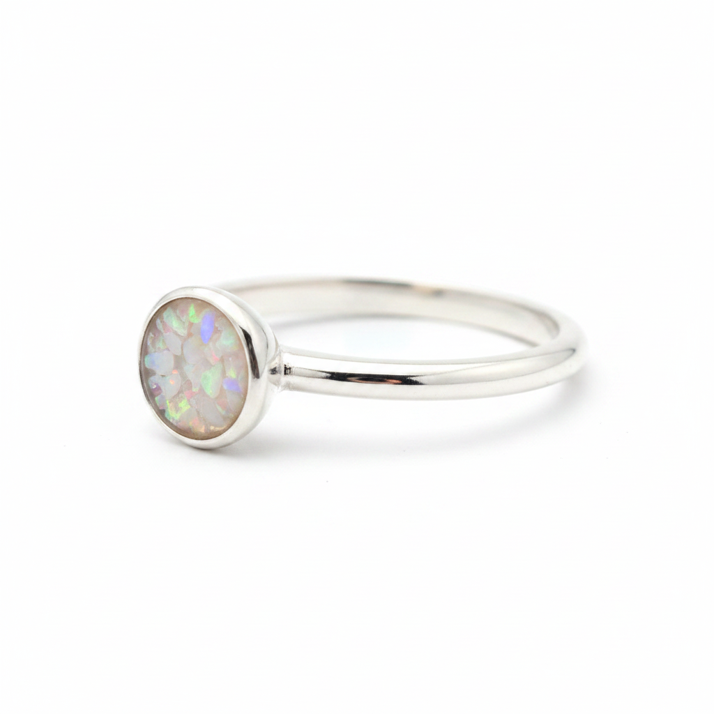 925 sterling silver 5mm round cabochon memorial ring with white pearl opal and mica shimmer in flat round resin setting on white background