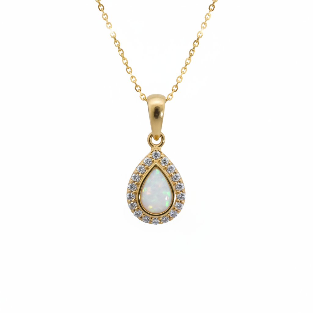 9ct gold teardrop pendant with white pearl opal inclusion