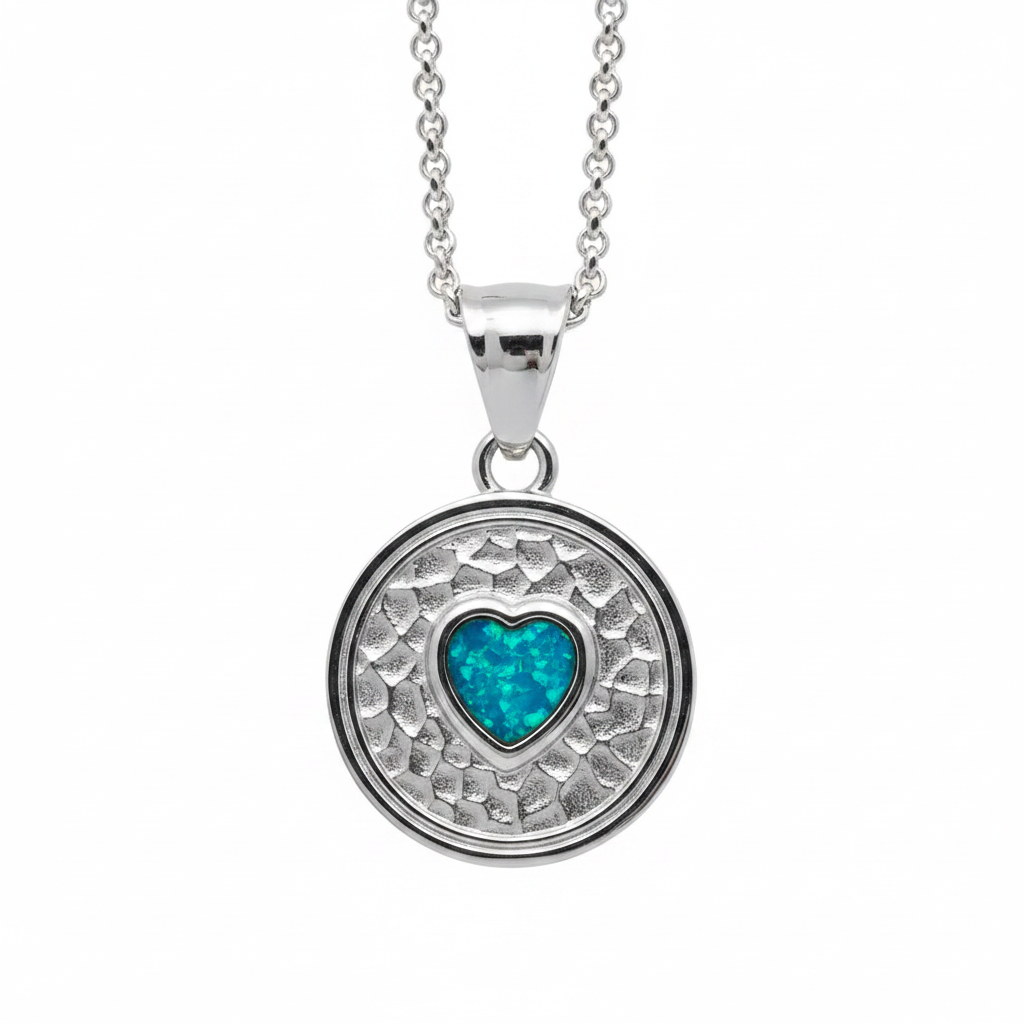 316L stainless steel eternal embrace memorial pendant necklace with blue teal opal resin in heart bezel on white background