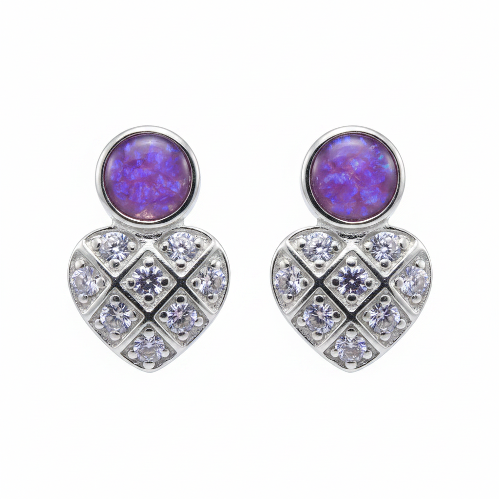 Silver 925 CZ heart memorial stud earrings — lavender purple opal flakes resin in 4mm round setting above sparkling CZ heart