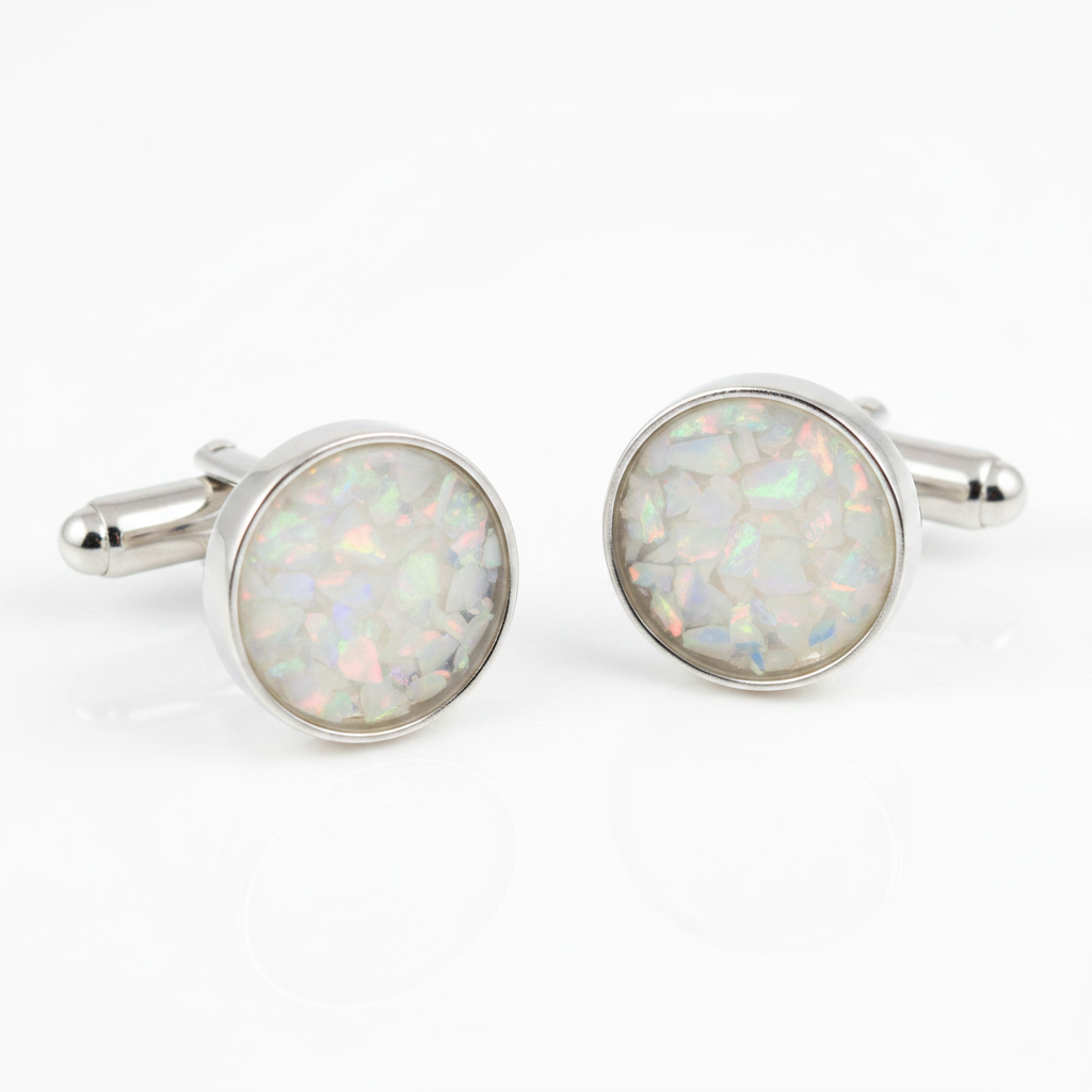 Silver 925 round cufflinks with white pearl opal resin in 13.8mm setting on white background