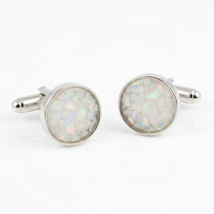 Silver 925 round cufflinks with white pearl opal resin in 13.8mm setting on white background