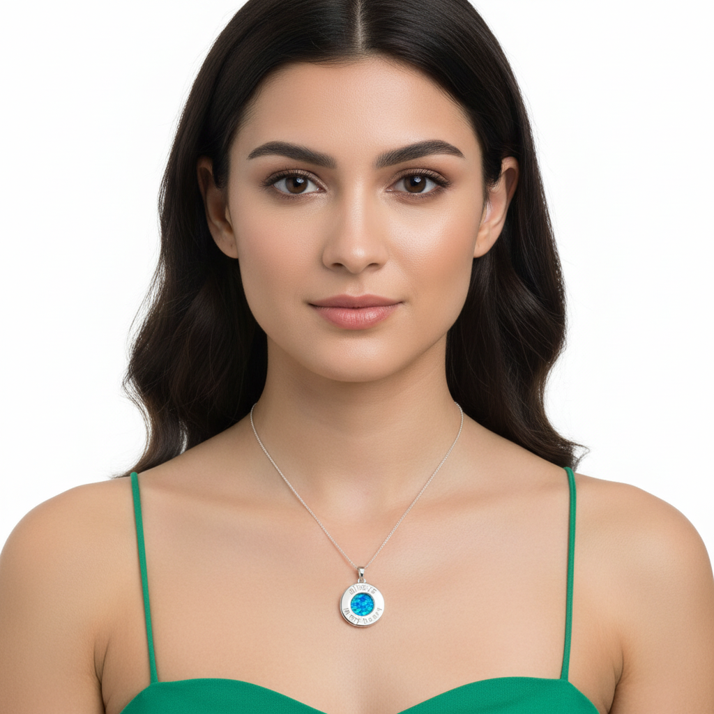 Model wearing silver 925 Always In My Heart memorial pendant at true 20mm scale