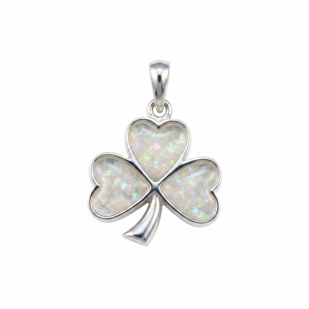 Silver 925 shamrock memorial pendant — white pearl opal flakes domed resin in each heart petal