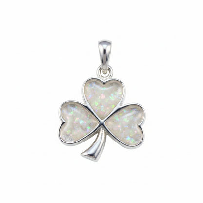 Silver 925 shamrock memorial pendant — white pearl opal flakes domed resin in each heart petal