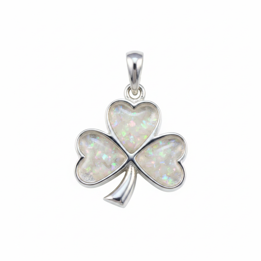 Silver 925 shamrock memorial pendant — white pearl opal flakes domed resin in each heart petal