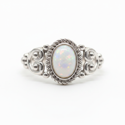 Filigree Bobble Oval Rope 925 Silver Ring with rich white pearl opal resin — pure white background