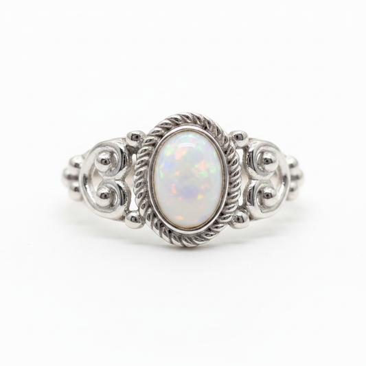 Filigree Bobble Oval Rope 925 Silver Ring with rich white pearl opal resin — pure white background