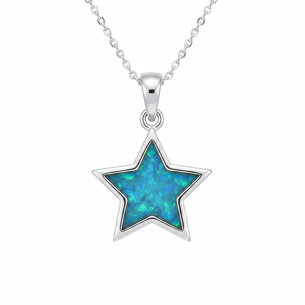Star 925 silver pendant with blue teal opal resin interior, white background
