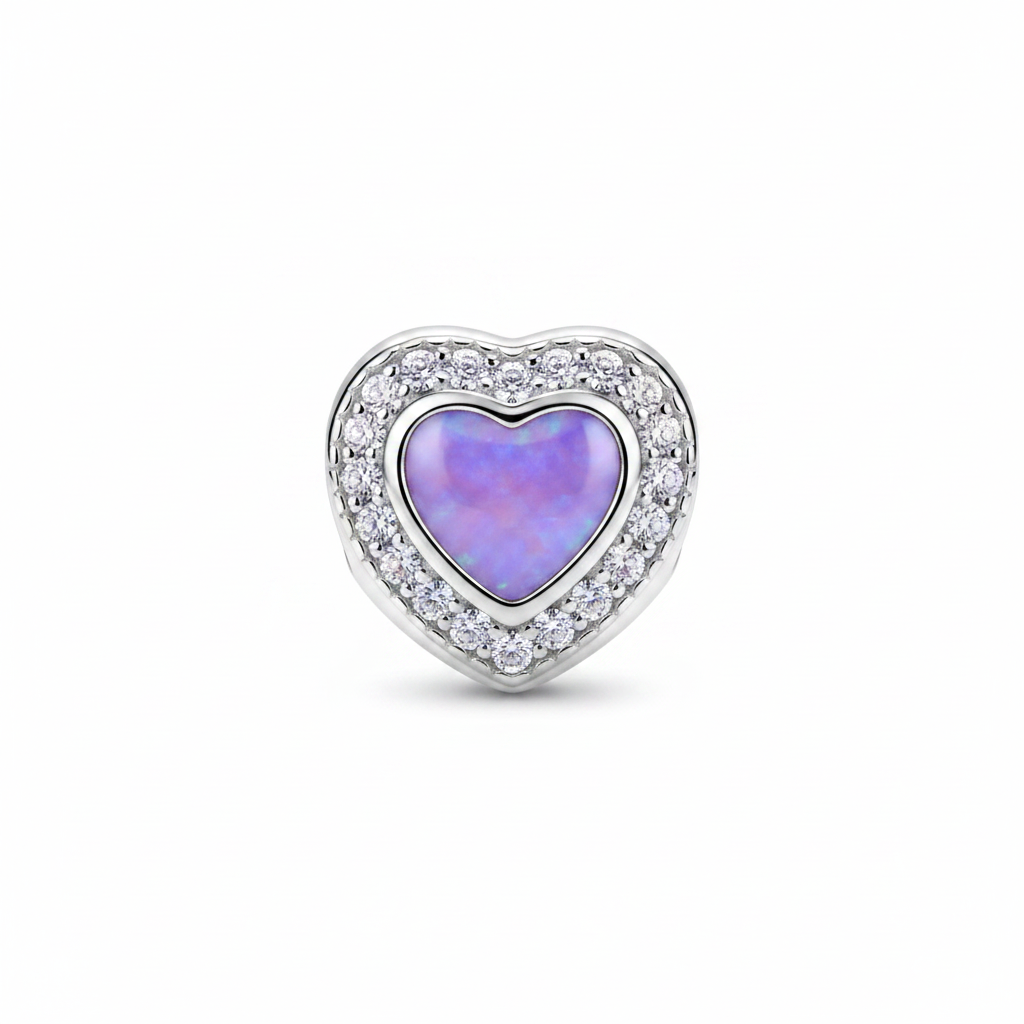 Solid Silver Heart CZ Halo Bead 925 Silver Memorial Charm – purple lavender opal inclusion