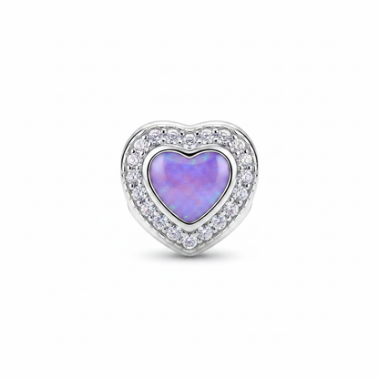 Solid Silver Heart CZ Halo Bead 925 Silver Memorial Charm – purple lavender opal inclusion