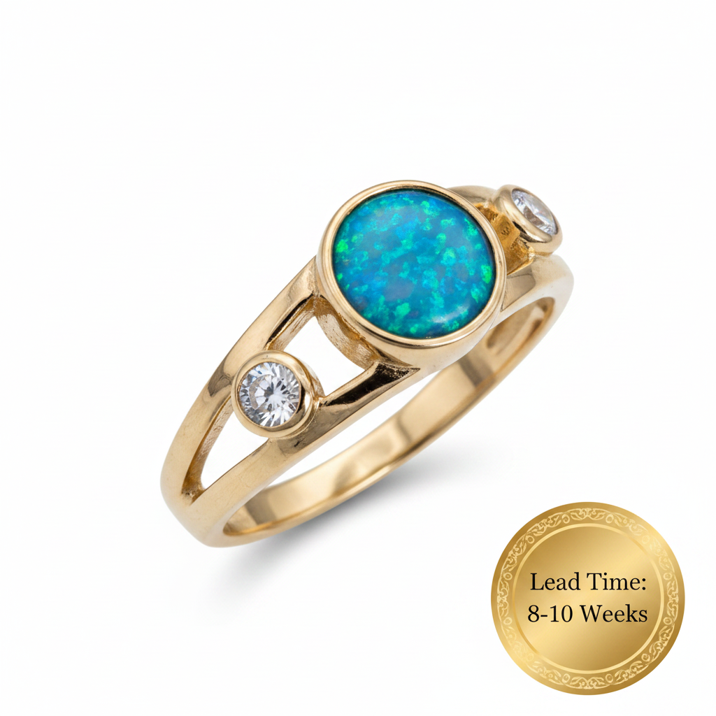9ct gold double split shank ring with blue teal opal resin centre, white background, lead time 8-10 weeks sticker