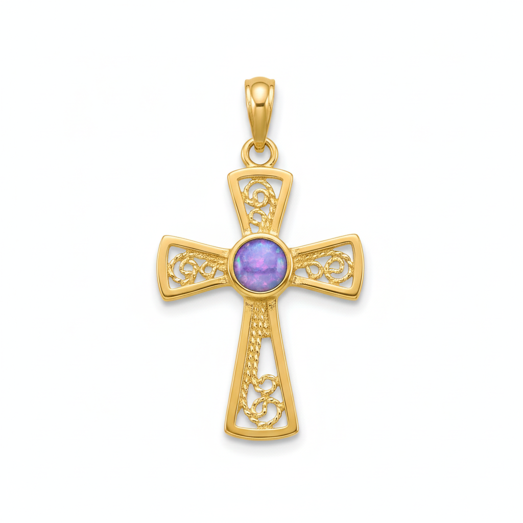 9ct gold filigree cross memorial pendant with lavender iridescent opal flakes – white background