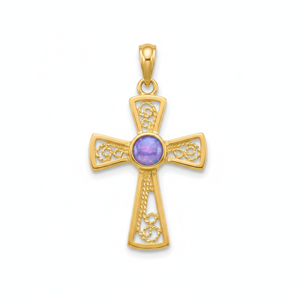 9ct gold filigree cross memorial pendant with lavender iridescent opal flakes – white background