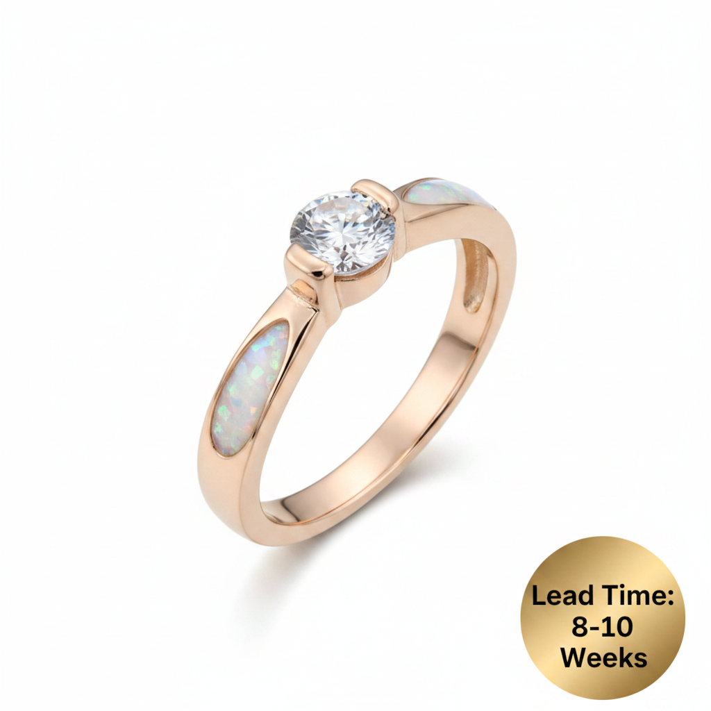 9ct rose gold CZ solitaire memorial ring with white pearl opal resin in side channels flanking the CZ stone, white background, lead time 8-10 weeks
