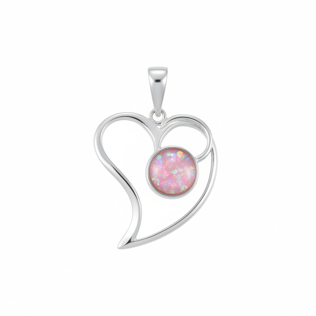 Silver 925 open swirl heart memorial pendant with pink opal flakes, white background