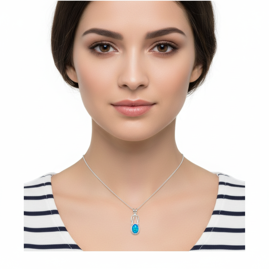 Model wearing silver 925 Celtic infinity drop memorial pendant at true 25x9mm scale