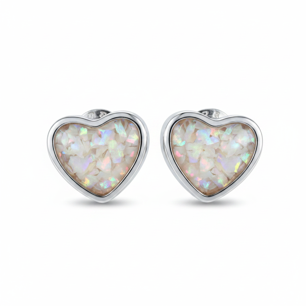 Silver 925 small heart memorial stud earrings — white pearl opal flakes resin in heart setting