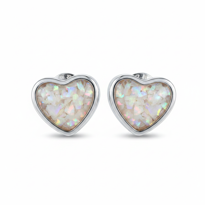 Silver 925 small heart memorial stud earrings — white pearl opal flakes resin in heart setting