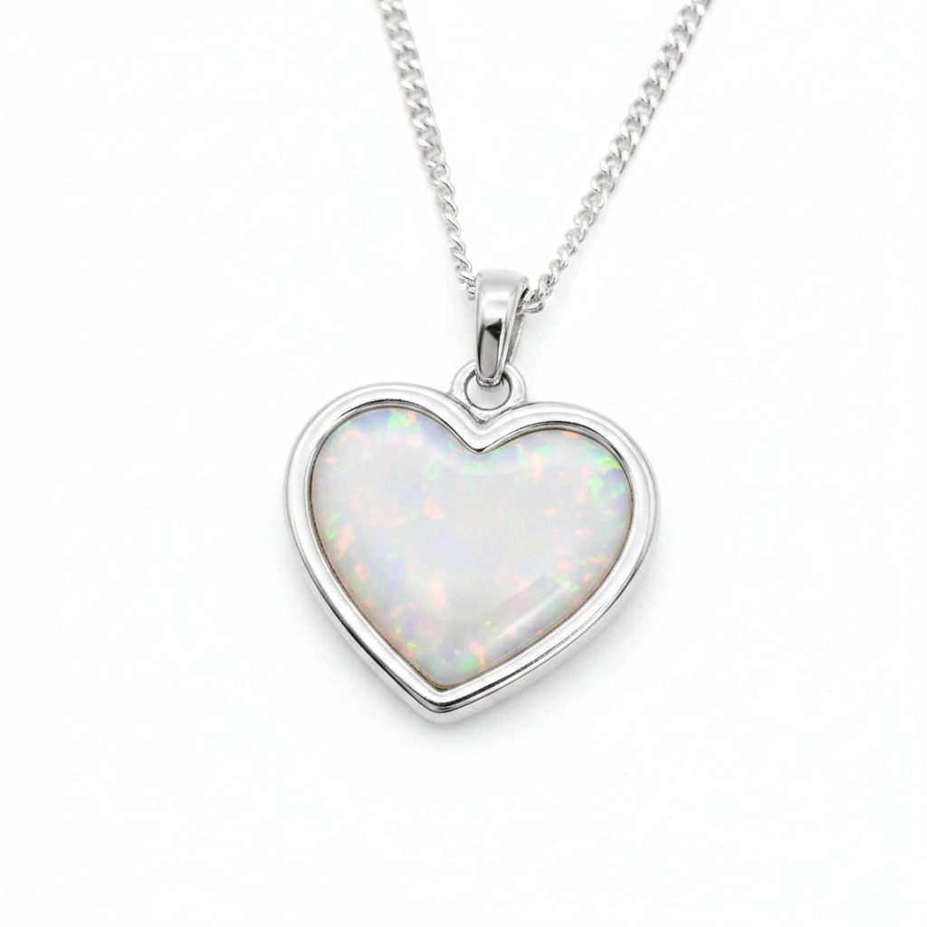 Thick Trim Heart 16mm 925 Silver Memorial Pendant with white pearl opal resin — white background