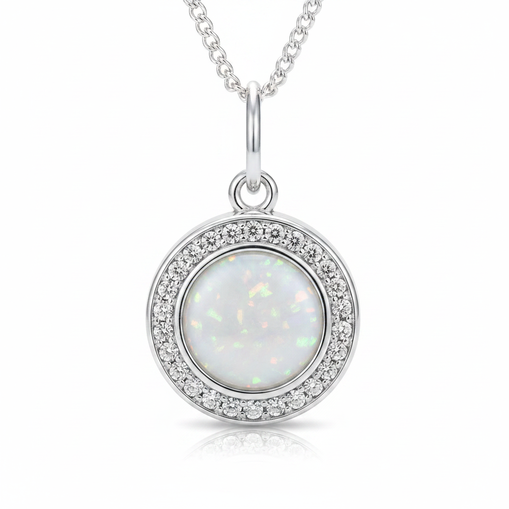 Silver 925 CZ halo round locket — white pearl opal flakes resin in 8mm round setting, sparkling CZ halo border, pure white background