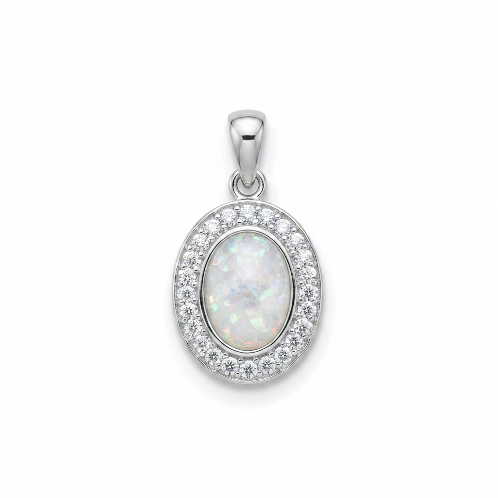 Silver 925 oval halo CZ memorial pendant with white opal and mica, white background