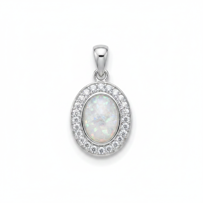 Silver 925 oval halo CZ memorial pendant with white opal and mica, white background