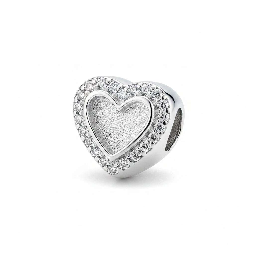 Heart CZ Bead 925 Silver Memorial Charm – empty blank resin centre, charm only