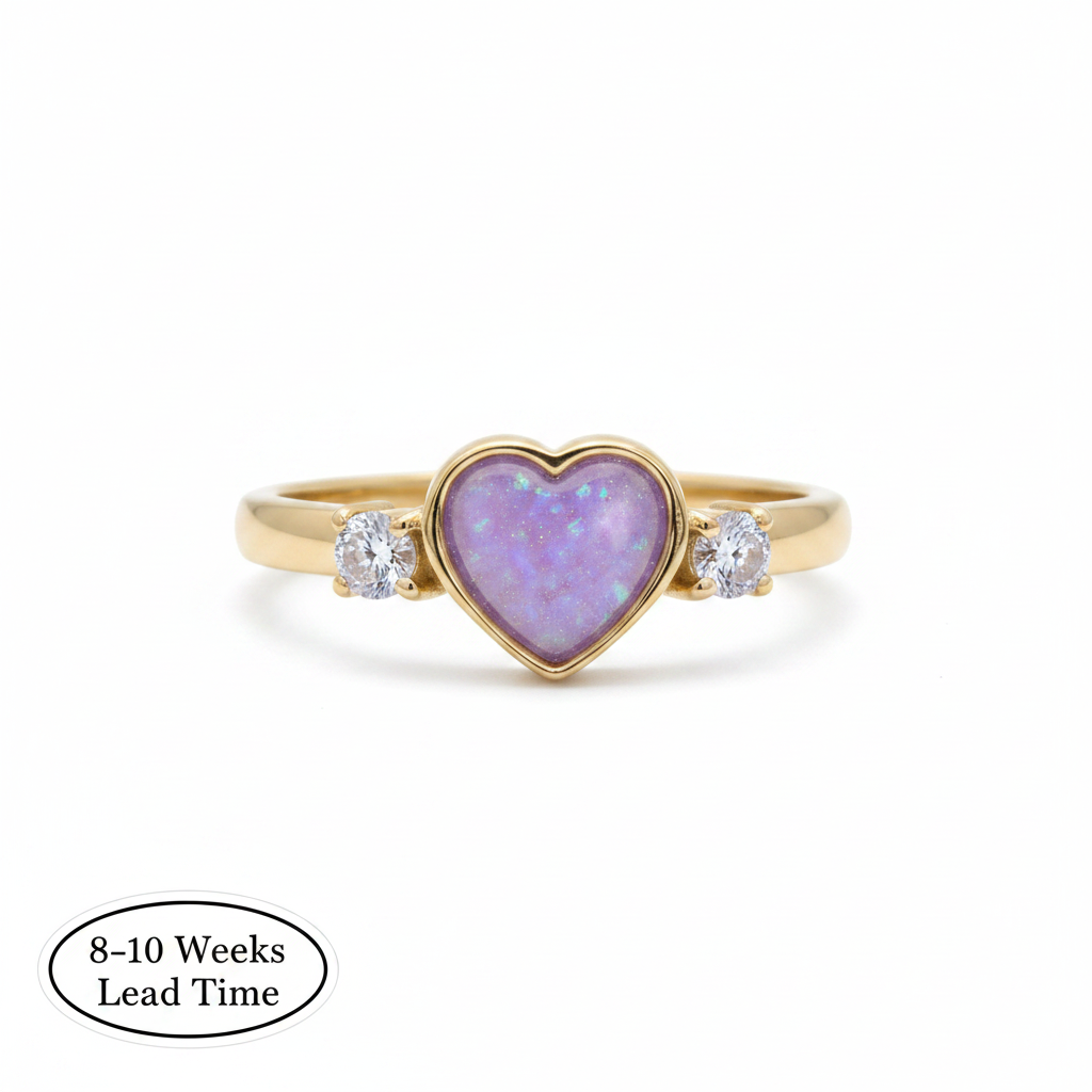 9ct Gold CZ Heart Double Gem Bezel Ring — lavender opal resin in heart bezel, white background