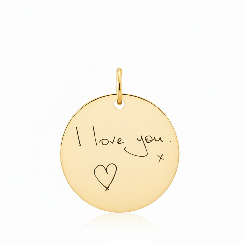 9ct solid yellow gold disc pendant with laser engraved handwriting I love you x on diamond cut curb chain — Lovely Oxford