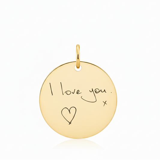 9ct solid yellow gold disc pendant with laser engraved handwriting I love you x on diamond cut curb chain — Lovely Oxford