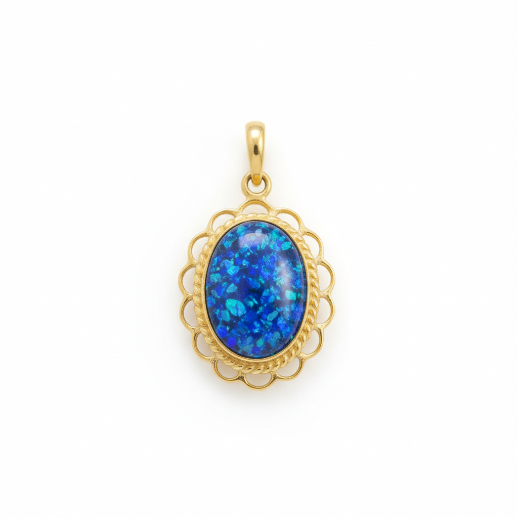9ct gold ornate filigree oval memorial pendant with deep blue iridescent opal flakes