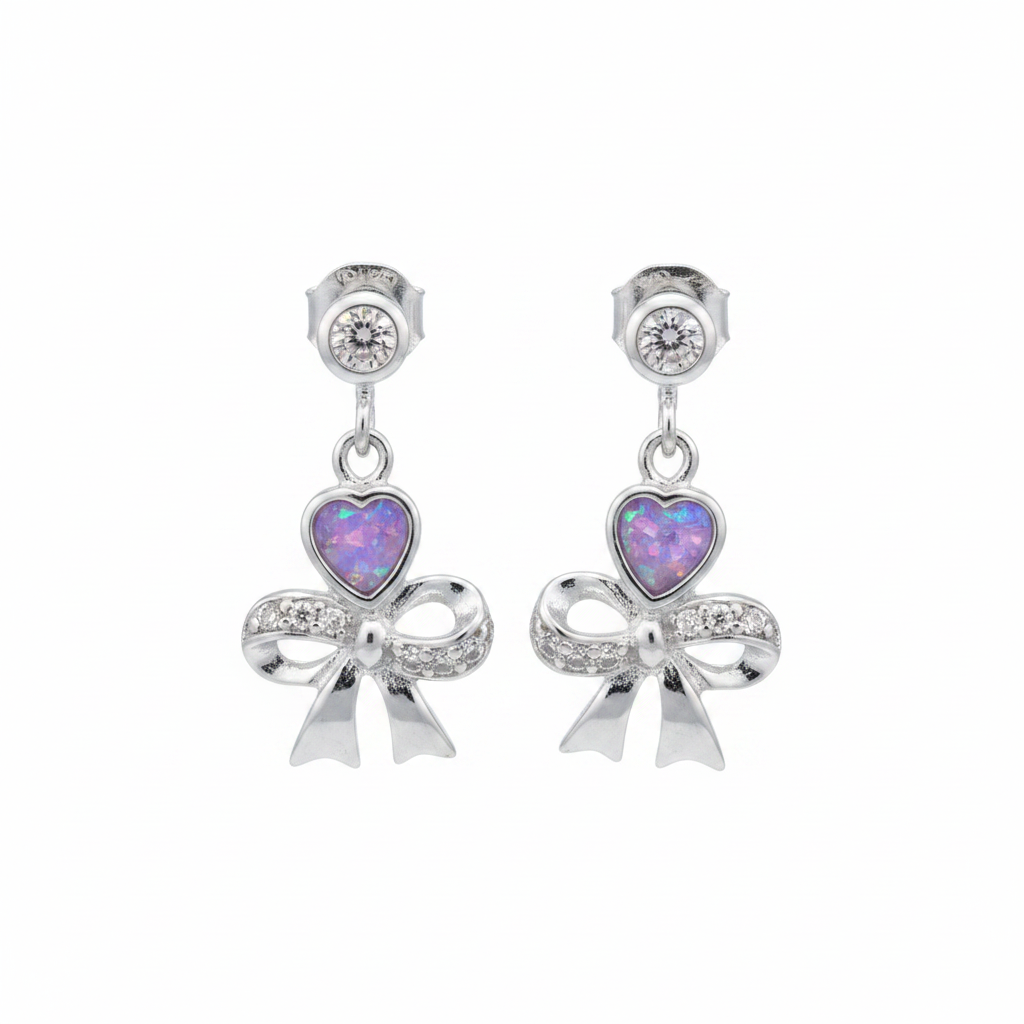 Silver 925 CZ Bow & Heart Drop Memorial Earrings with lavender purple opal flakes
