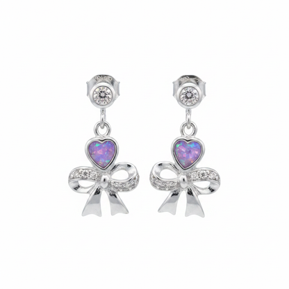 Silver 925 CZ Bow & Heart Drop Memorial Earrings with lavender purple opal flakes