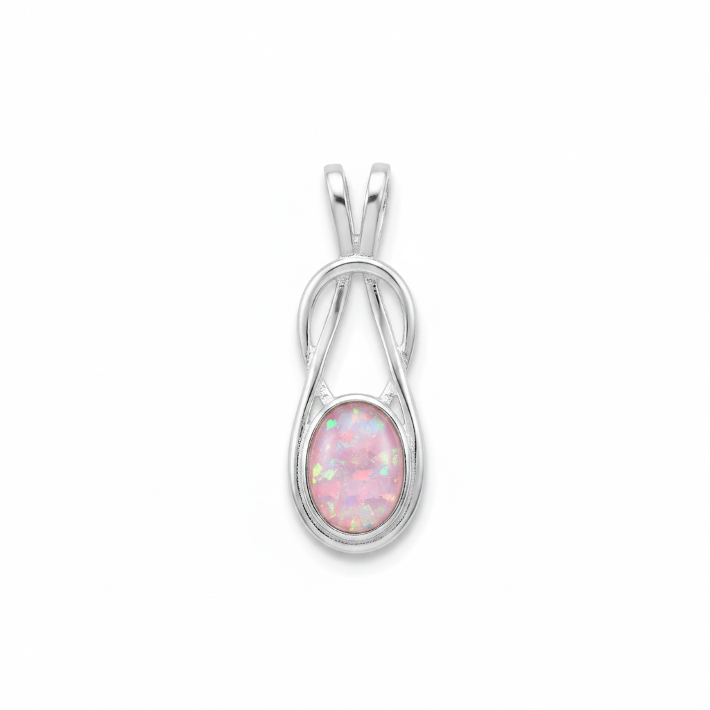 Silver 925 Celtic infinity drop memorial pendant with pink opal flakes, white background