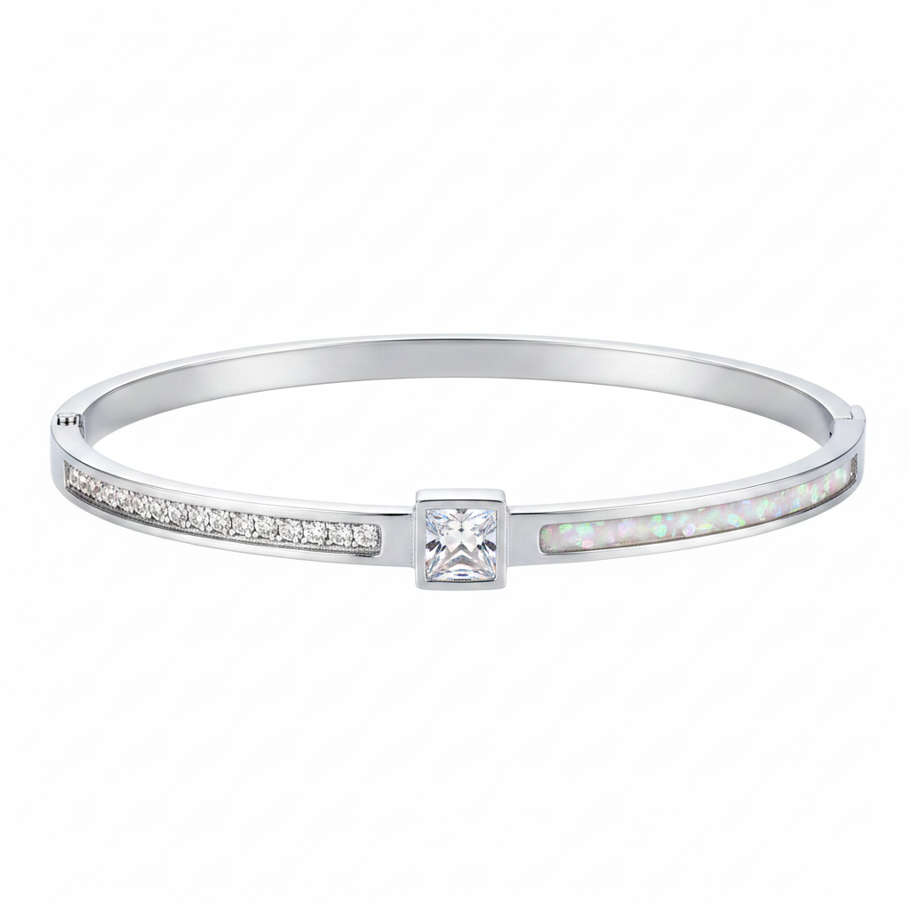 Zircon quarter fill stainless steel memorial bangle with white pearl opal resin inclusion
