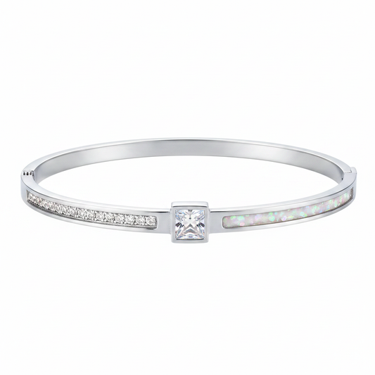 Zircon quarter fill stainless steel memorial bangle with white pearl opal resin inclusion