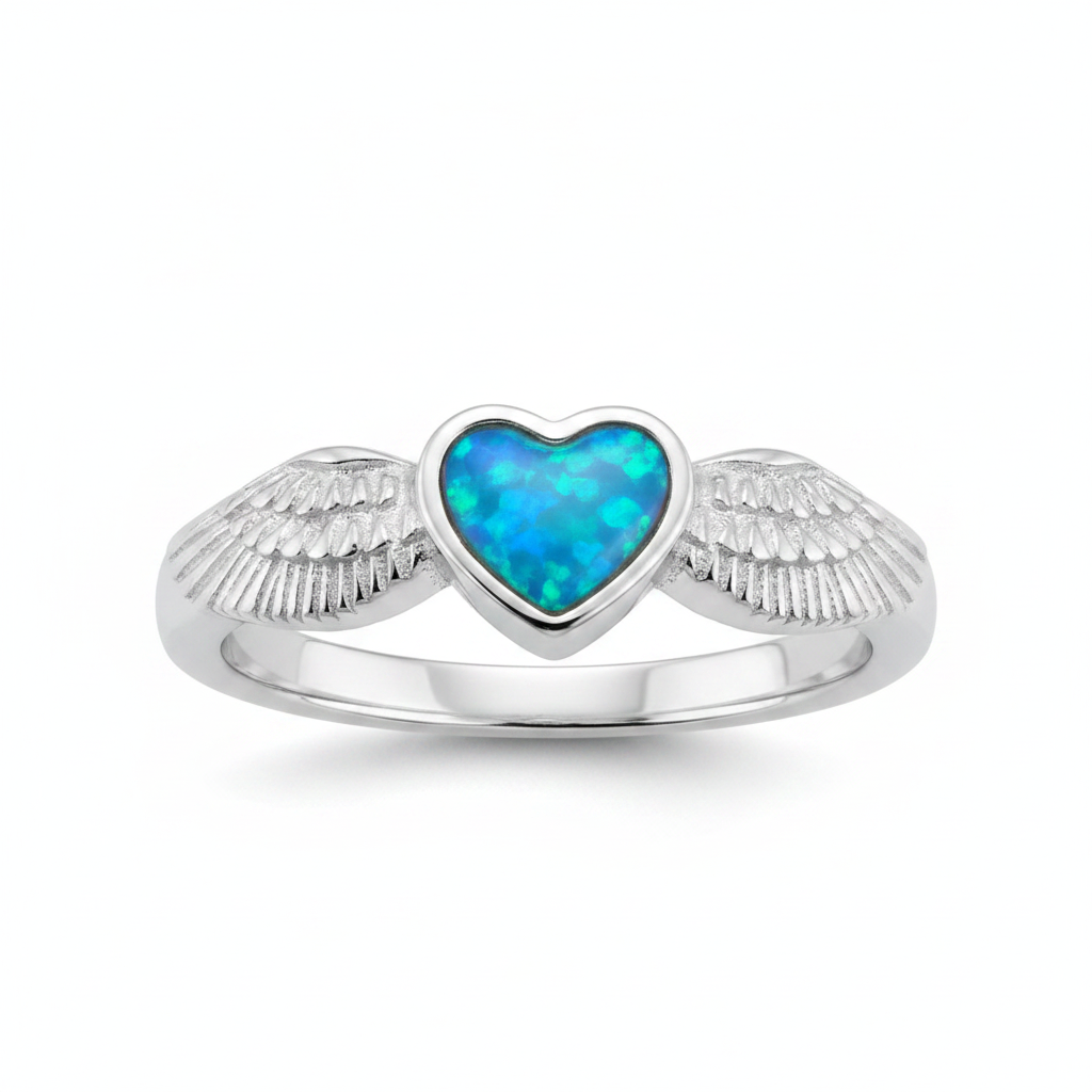 Angel Wing Heart 925 Silver Ring with blue teal opal resin memorial setting — white background