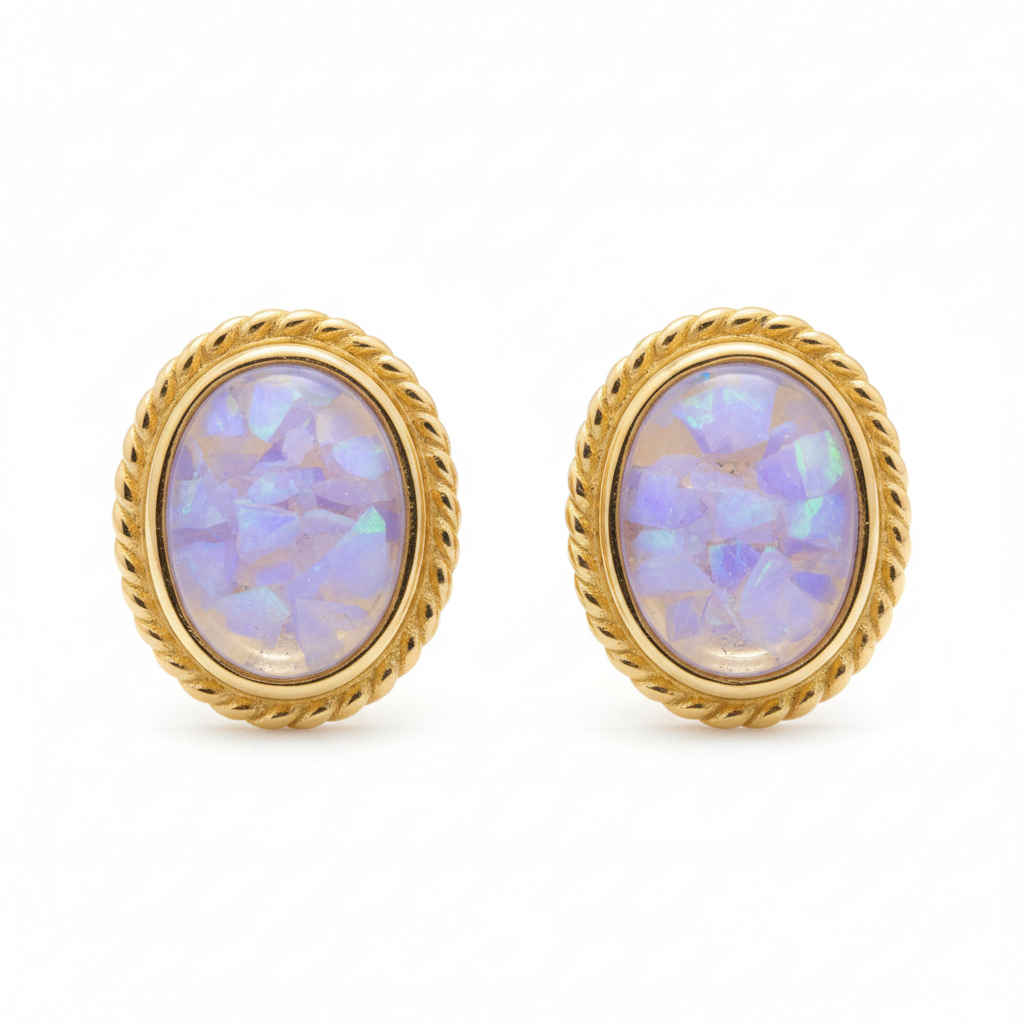 Gold rope edge oval stud earrings with lavender opal memorial resin