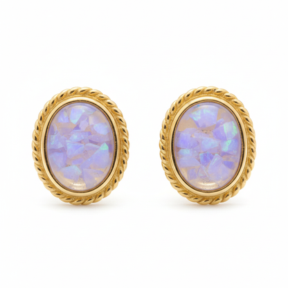 Gold rope edge oval stud earrings with lavender opal memorial resin
