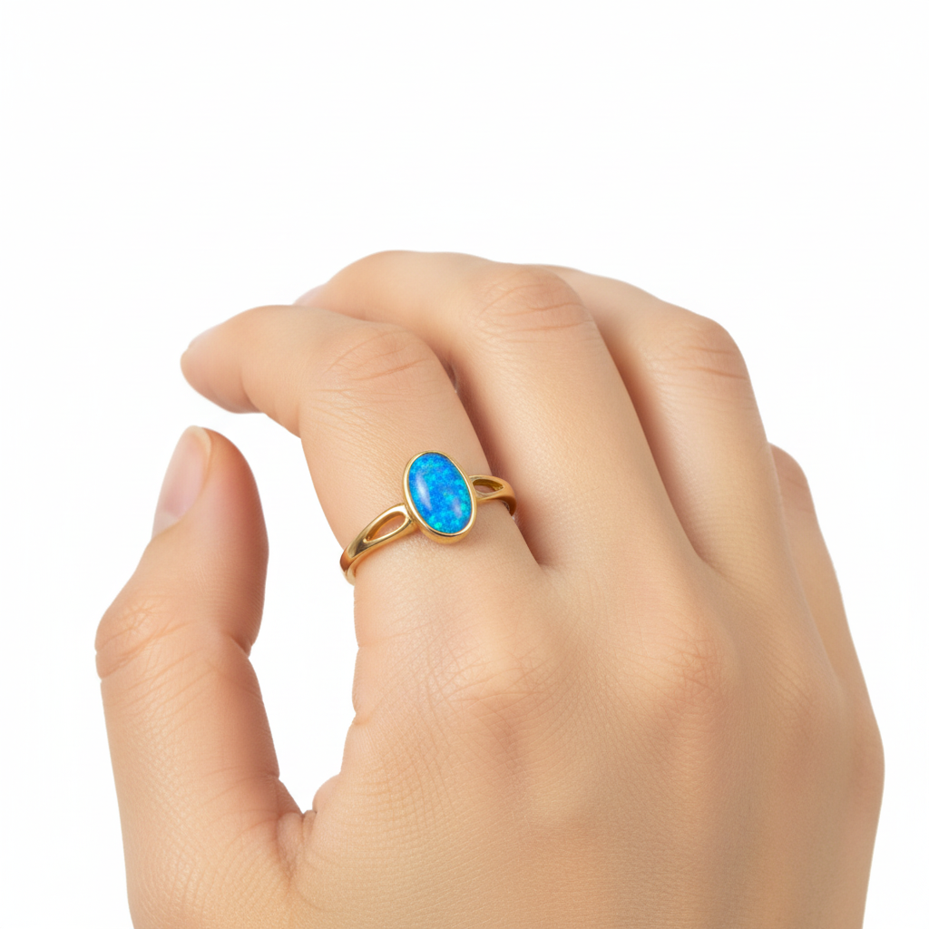 Model wearing 9ct gold oval memorial ring — true 7x5mm scale