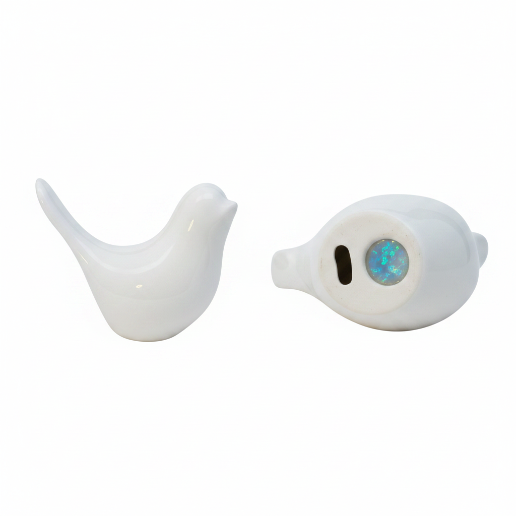 White ceramic dove memorial keepsake side profile and base detail showing resin-filled cavity with opal inclusions