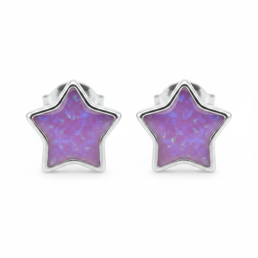 Silver 925 star memorial stud earrings — lavender purple opal flakes resin in star-shaped setting