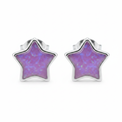 Silver 925 star memorial stud earrings — lavender purple opal flakes resin in star-shaped setting
