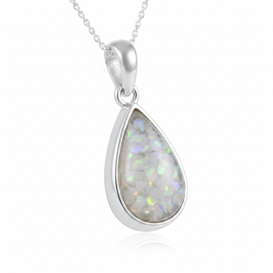 Silver 925 teardrop memorial pendant — white pearl opal flakes domed resin inclusion