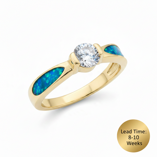 9ct gold CZ solitaire memorial ring with opal resin in side channels dimensions guide, white background, lead time 8-10 weeks
