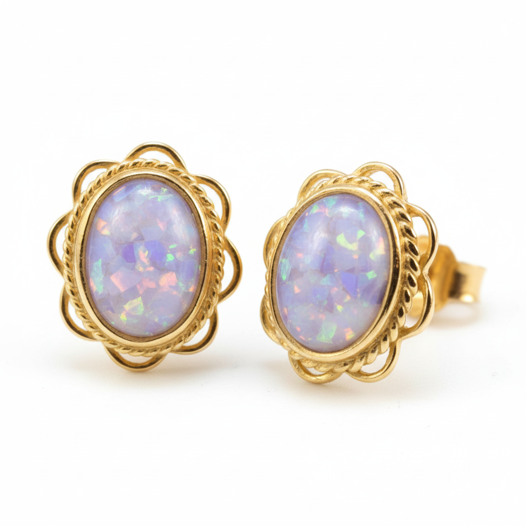 Gold frill edge oval stud earrings with lavender opal memorial resin