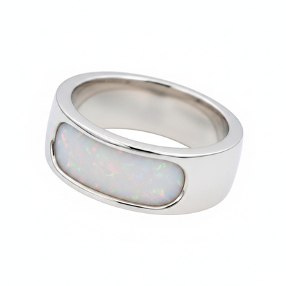 Rounded 8mm Channel Band 925 Silver Ring with white pearl opal resin flush level — pure white background
