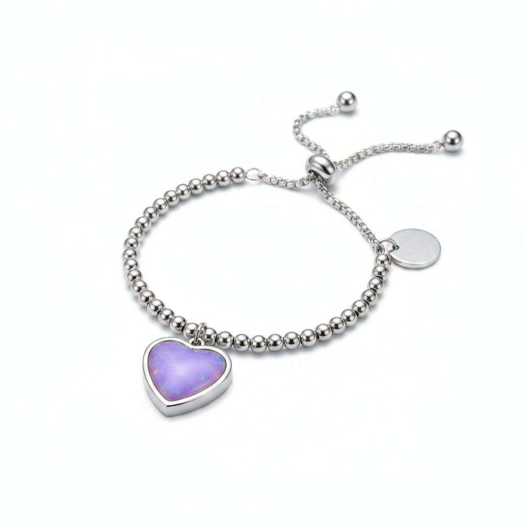 Beaded heart adjustable memorial bracelet with lavender purple opal resin inclusion
