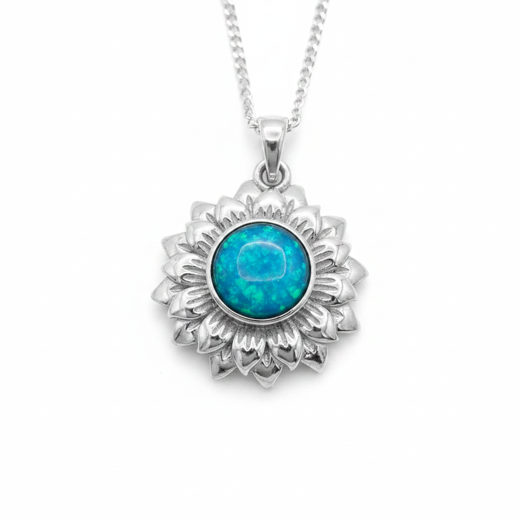 Realistic Sunflower 925 Silver Memorial Pendant with blue teal opal resin inclusion — white background